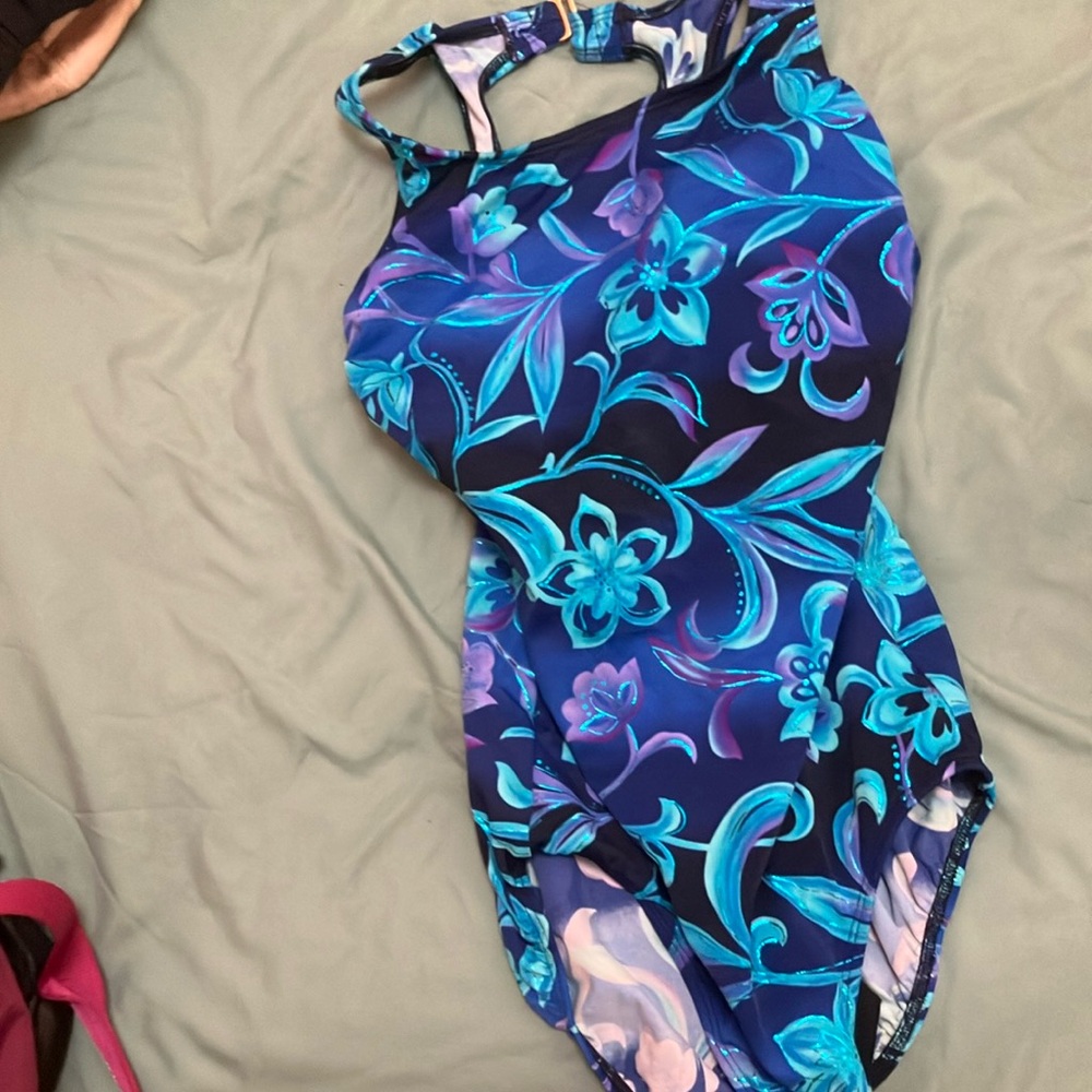 Longitude Blue and Purple One Piece Swimsuit with Dynamic Pattern